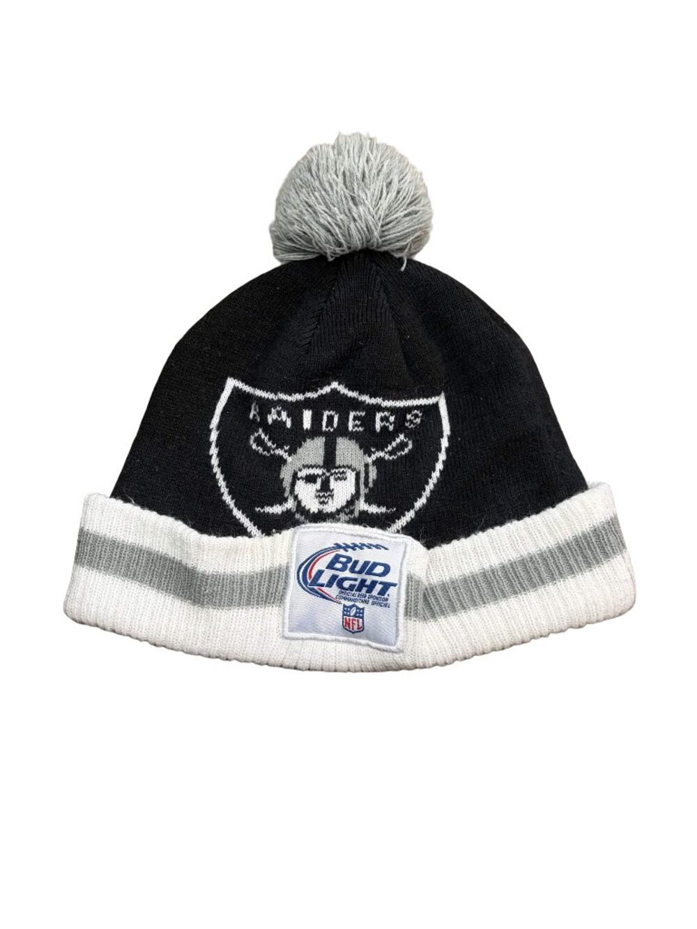 Vintage NFL Raiders Bud Light Pom Pom Beanie Knit Cap Toque Black White